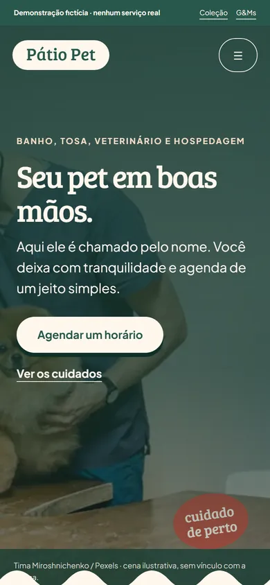 Tela de celular da demonstração fictícia Pátio Pet