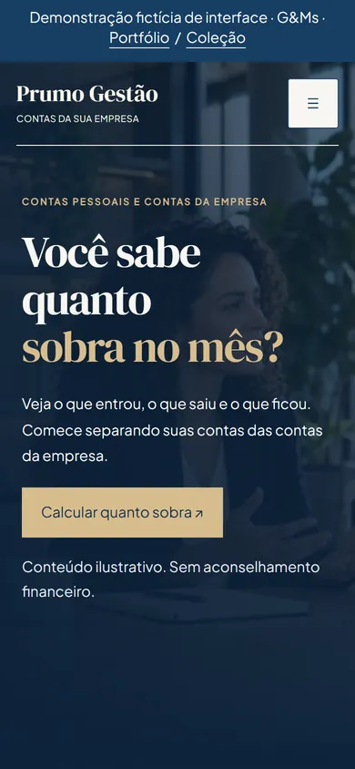 Tela de celular da demonstração fictícia Prumo Gestão
